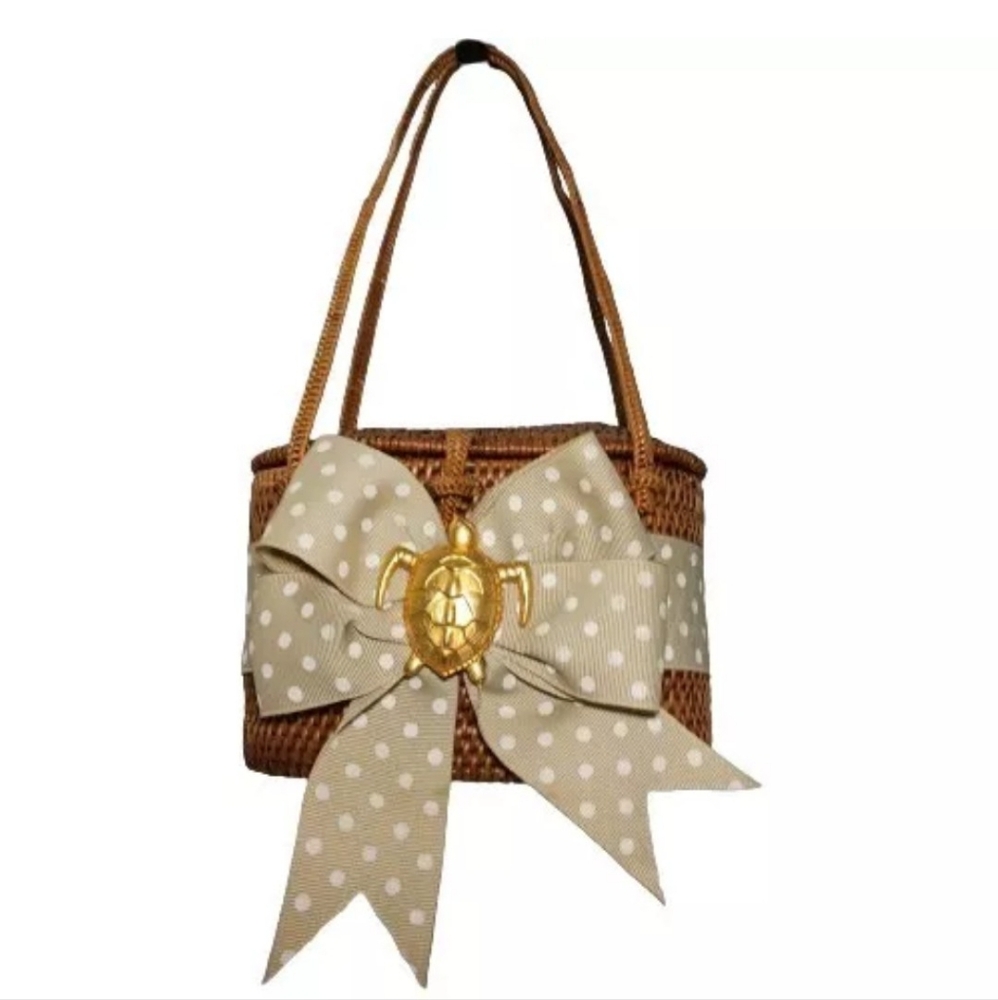 Bosom Buddy Top Latch Handcrafted Bali Woven Hand Bag Basket Gold Turtle Ribbon
